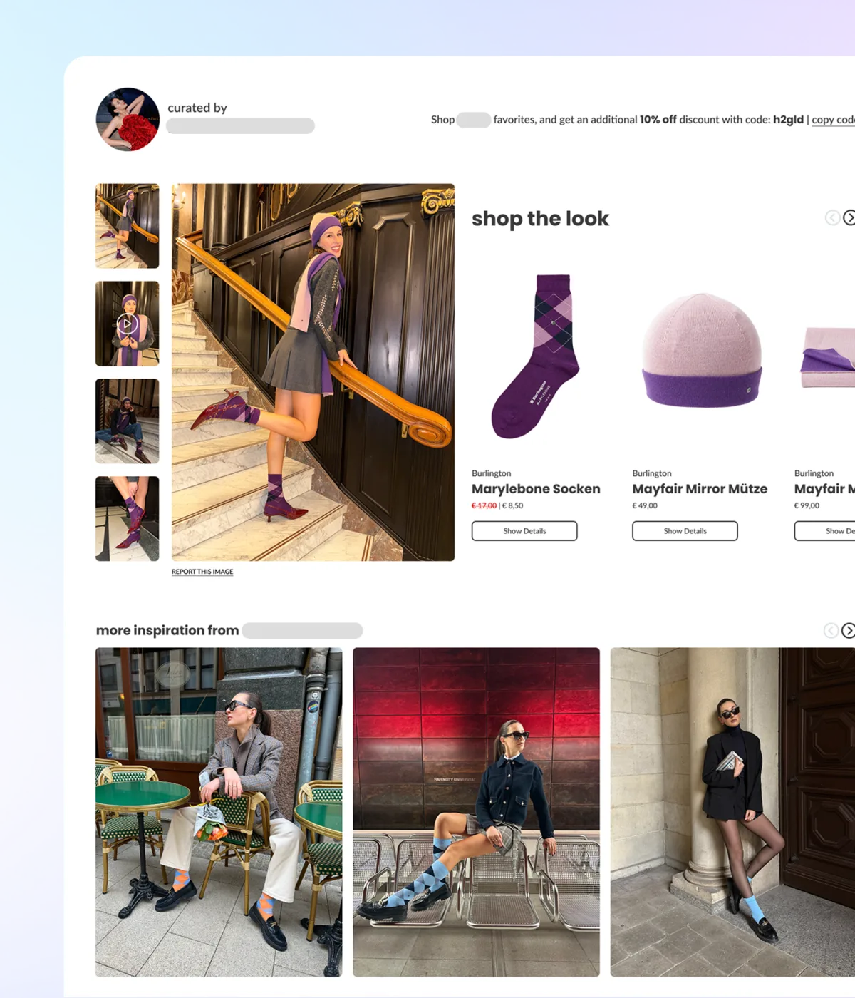 Creator storefront with shoppable products and stats